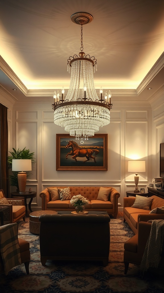 A stylish living room with a chandelier and various lighting fixtures.