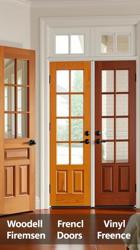 French doors showcasing three different materials: wood, French-style, and vinyl.
