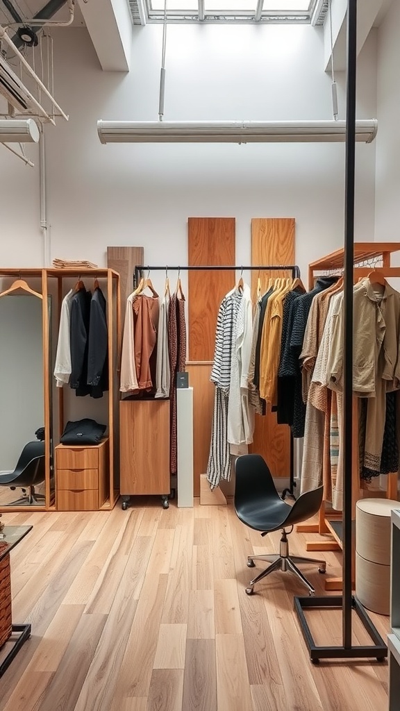 Interior design of a wardrobe featuring natural wood materials and organized clothing.