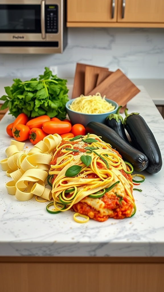 A spread of ingredients for a keto lasagna recipe, featuring zucchini, eggplant, cheese, and marinara sauce.
