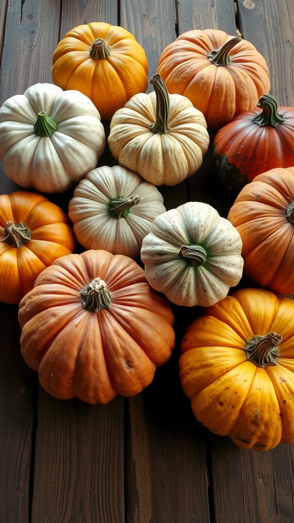 A variety of pumpkins arranged on a wooden table.