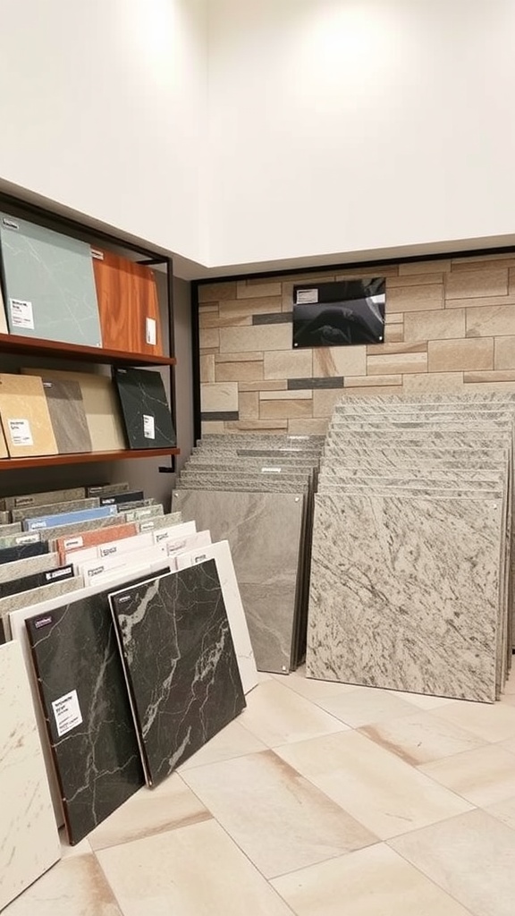 Display of various stone slabs for interior design.
