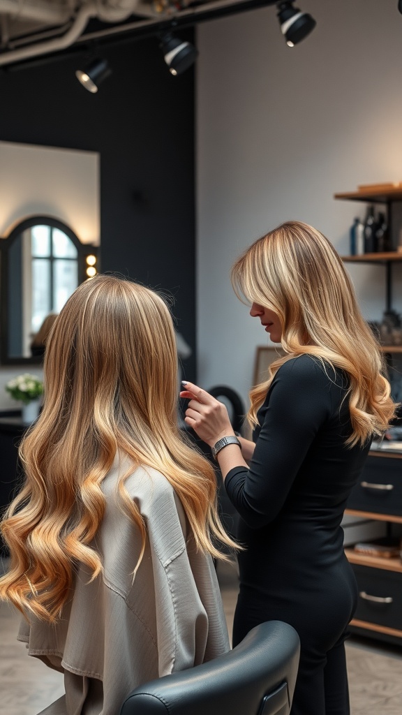 A stylist working on a client's hair in a modern salon