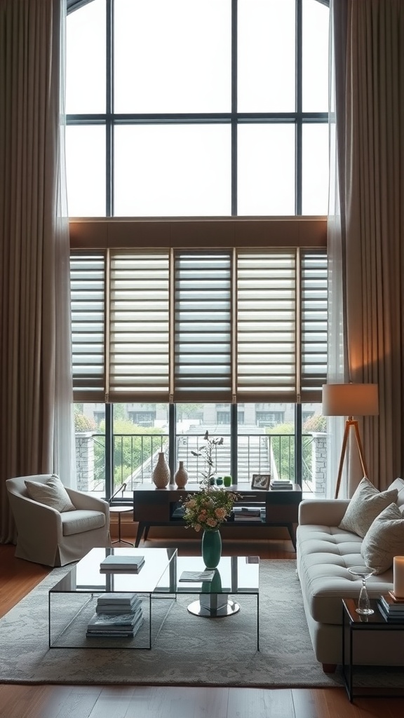 A modern living room with large windows dressed in light curtains and wooden blinds.