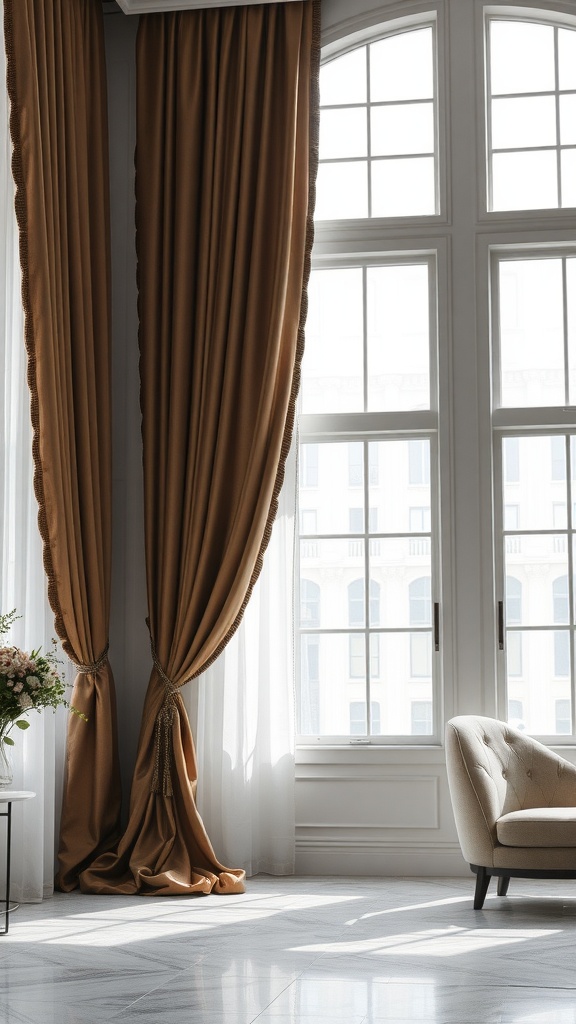 Elegant window treatments with warm drapes and sheer panels
