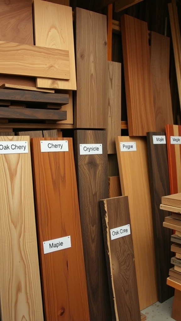 Different types of wood planks labeled with names like Oak, Cherry, and Maple