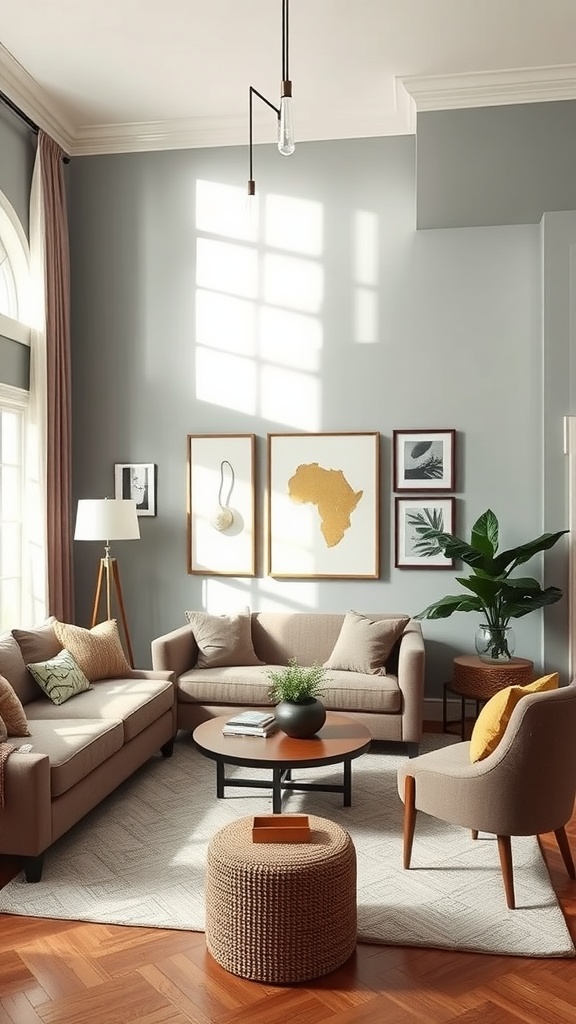 A cozy living room with neutral wall colors and comfortable furniture, featuring natural light.