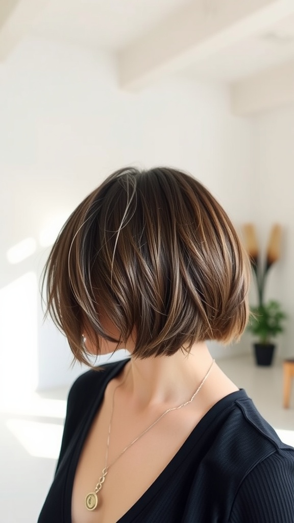 A woman with a choppy bob hairstyle, showcasing textured layers and a natural brown color.
