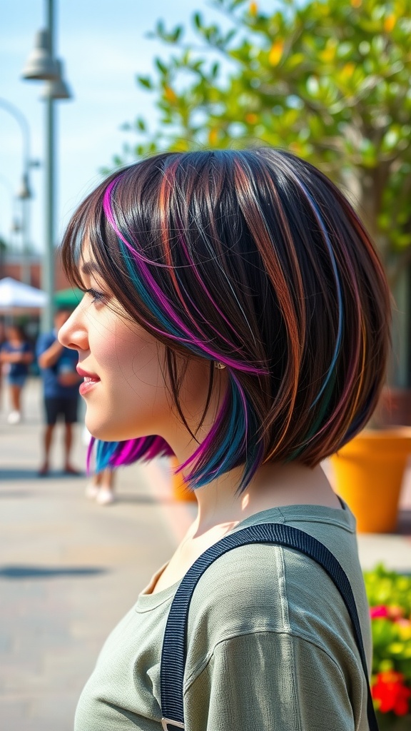 A woman with a choppy bob hairstyle featuring colorful tips, standing outdoors.