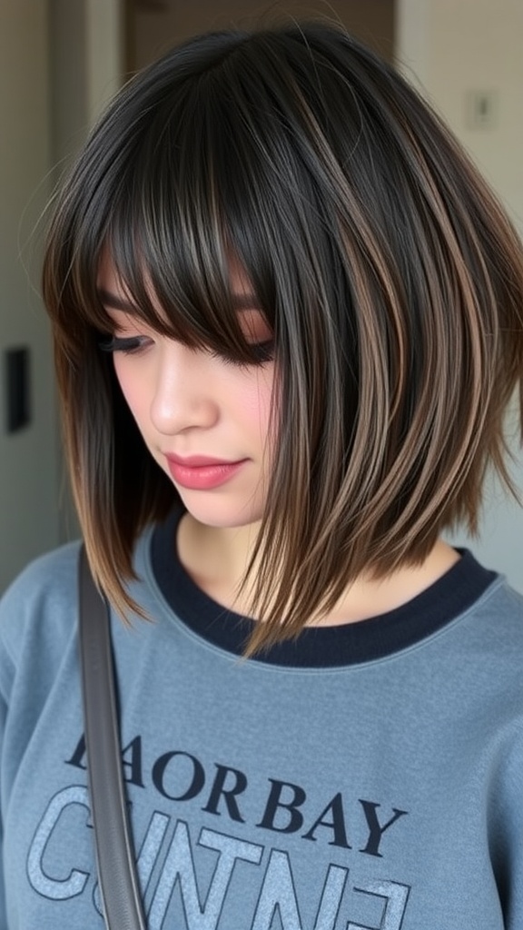 A person with a choppy bob hairstyle and curtain bangs, wearing a blue sweatshirt.