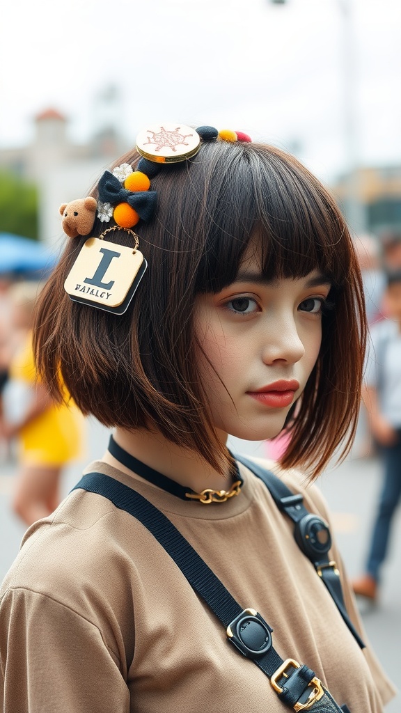 A person with a choppy bob hairstyle adorned with colorful hair accessories.
