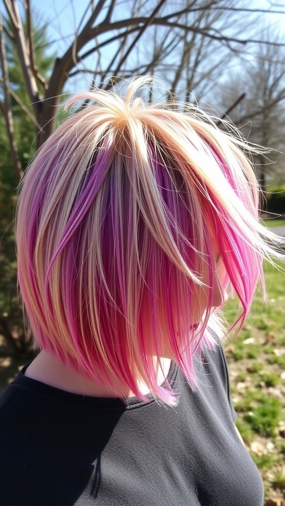 Choppy bob hairstyle with pink and blonde highlights