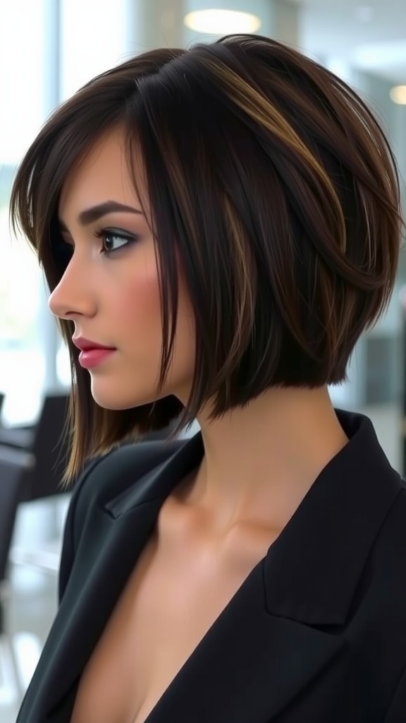 A stylish choppy bob hairstyle with a side part, featuring textured layers and a modern look.