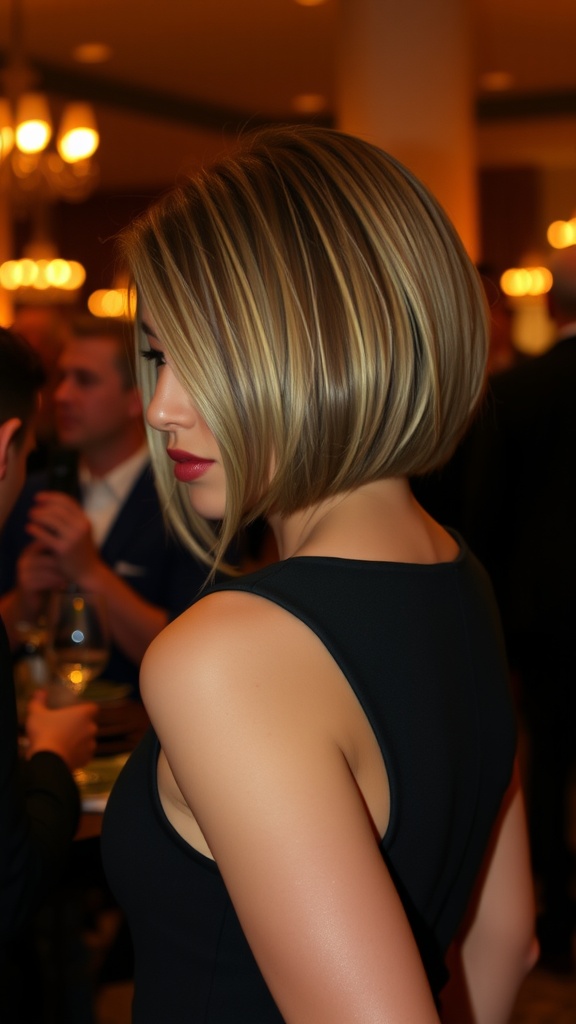 A stylish woman with a choppy bob hairstyle, featuring swept back styling, looking elegant in a social setting.