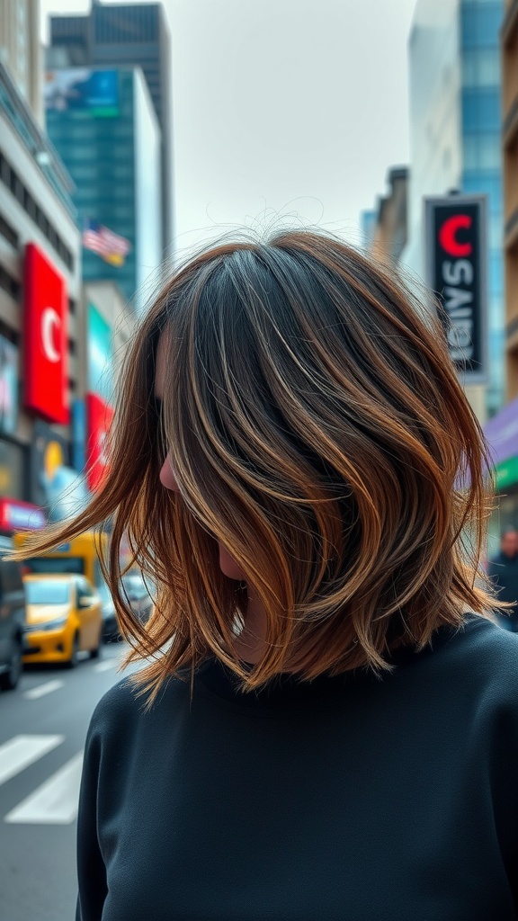 A person with medium length choppy layered hair in a busy urban setting.