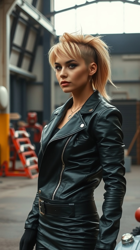 A woman with a choppy mullet hairstyle, wearing a leather jacket, giving off a rocker vibe.