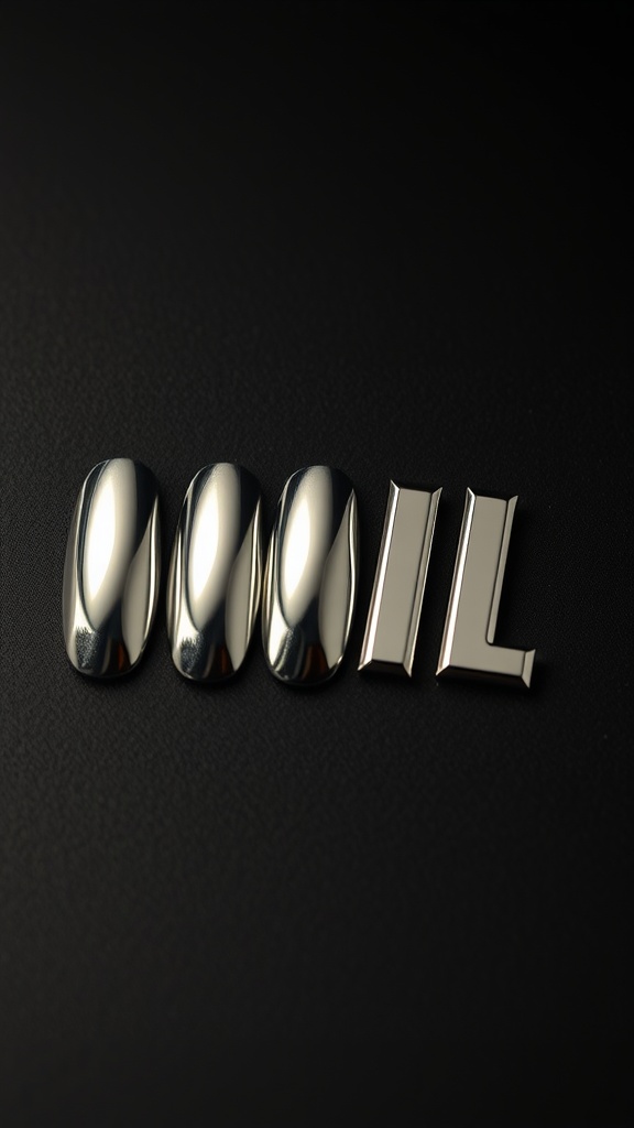 Close-up of chrome mirror finish nails on a dark background.