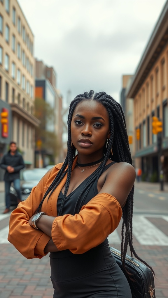A person with chunky box braids, wearing a stylish outfit and posing confidently in an urban setting.