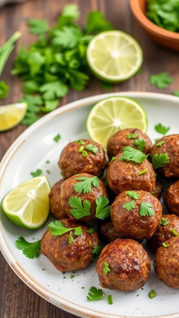 Plate of cilantro-lime meatballs with fresh cilantro and lime wedges