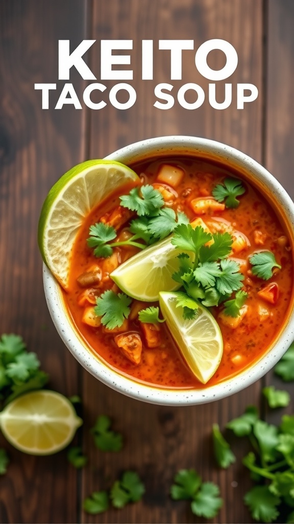 A bowl of keto taco soup garnished with cilantro and lime slices