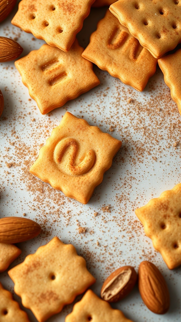 Cinnamon almond crackers on a white surface with a sprinkle of cinnamon and almonds.