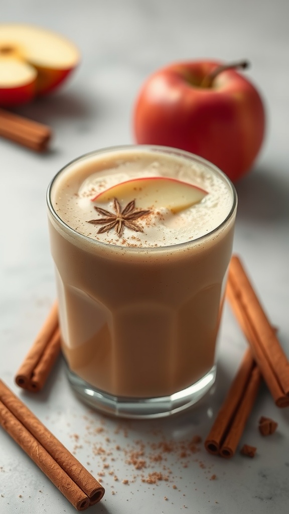 A delicious cinnamon apple smoothie in a glass, garnished with apple slices and cinnamon sticks.