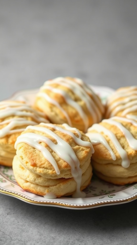 Plate of cinnamon butter keto biscuits drizzled with icing