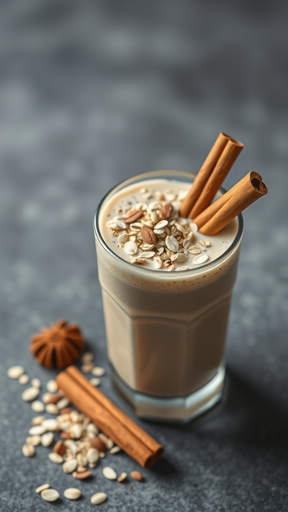 A delicious cinnamon maca oatmeal smoothie topped with oats and cinnamon sticks.
