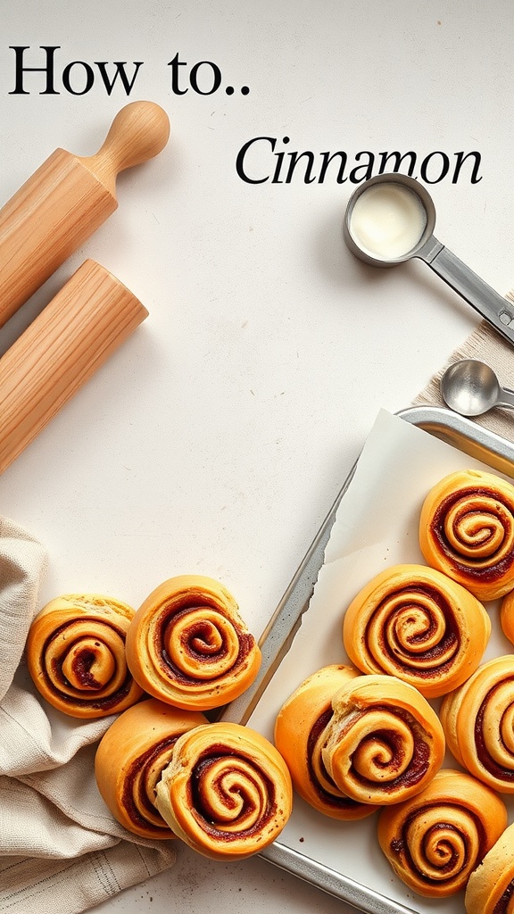 Baking tools including a rolling pin and measuring cup alongside freshly made cinnamon rolls.