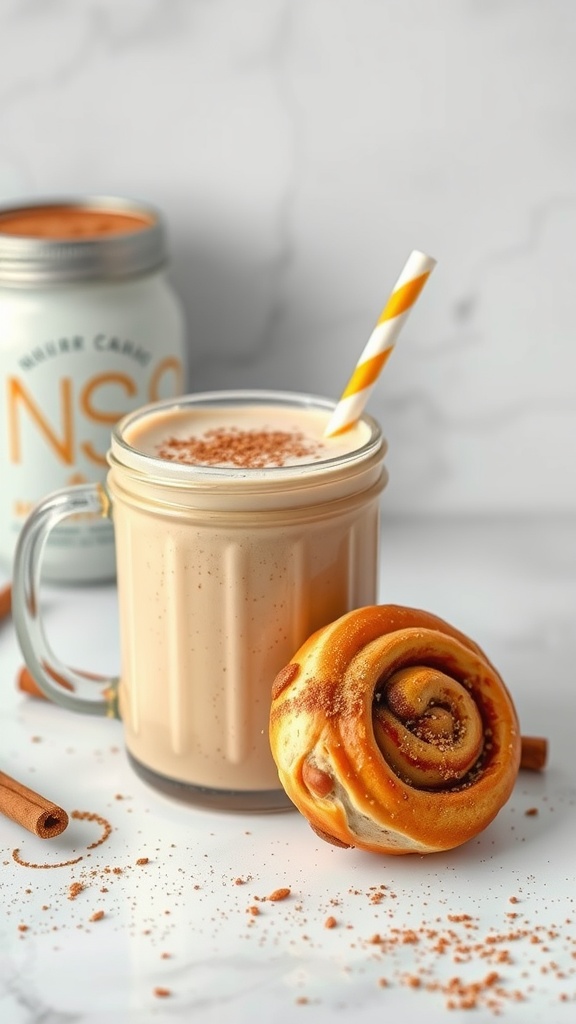 A cinnamon roll coffee smoothie next to a cinnamon roll pastry.