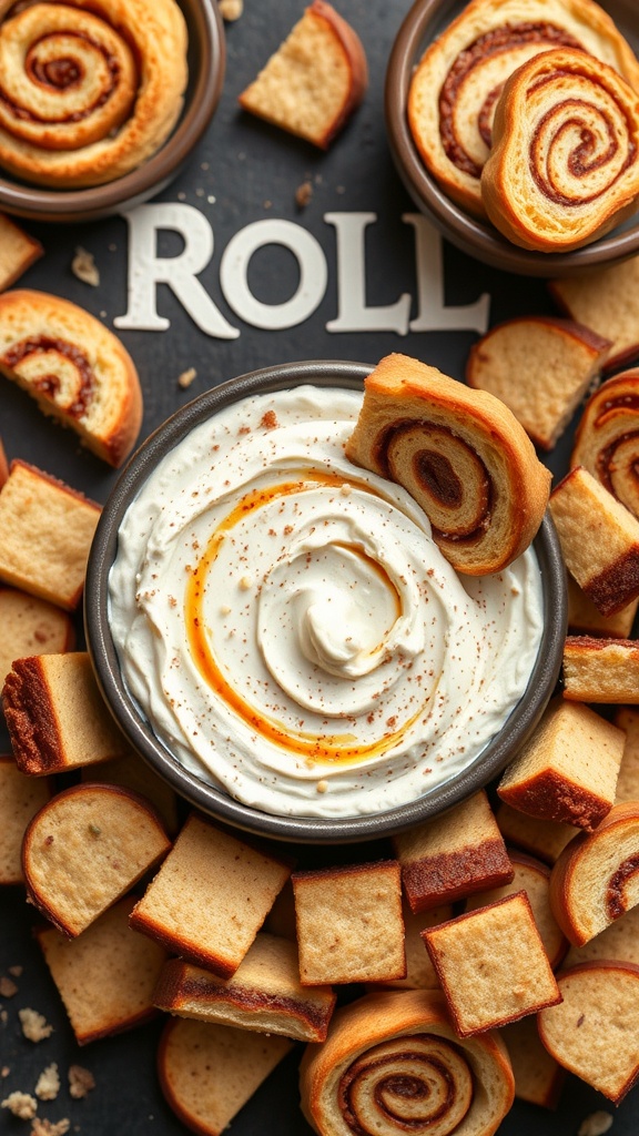 Cinnamon roll dip served with mini cinnamon rolls and bread pieces.