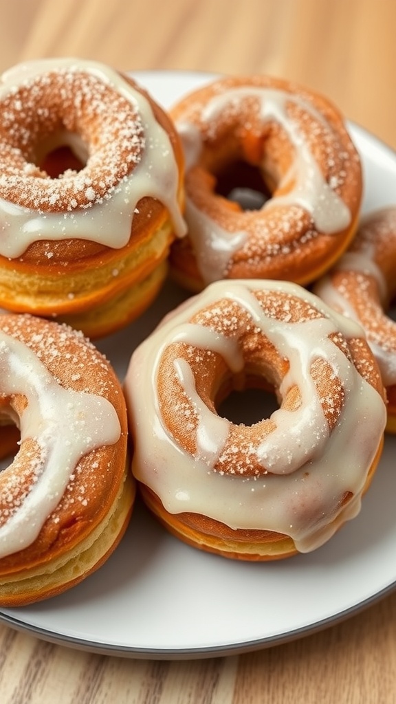 A plate of cinnamon roll donuts topped with creamy icing and a sprinkle of powdered sugar.