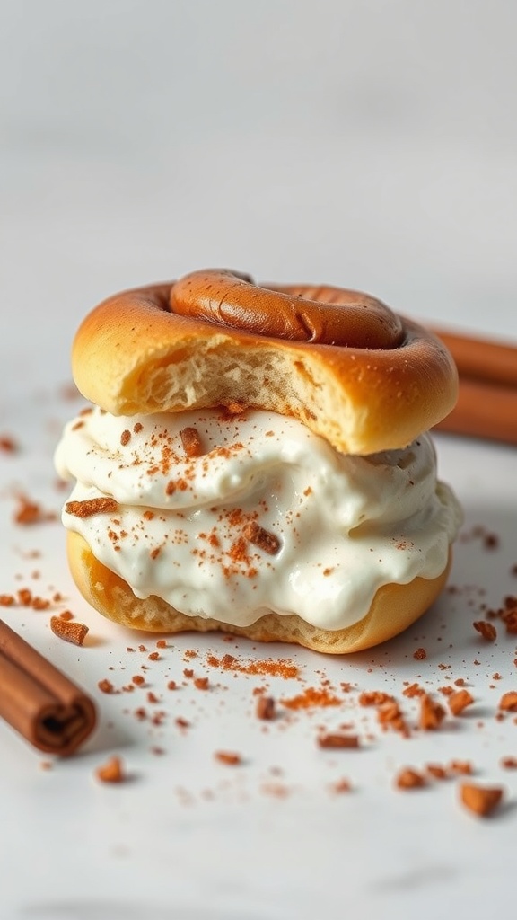 A delicious cinnamon roll ice cream sandwich with a bite taken out.