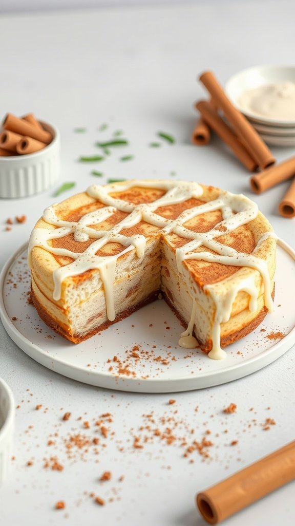 A delicious cinnamon roll keto cheesecake, sliced to reveal its creamy layers and cinnamon swirls.