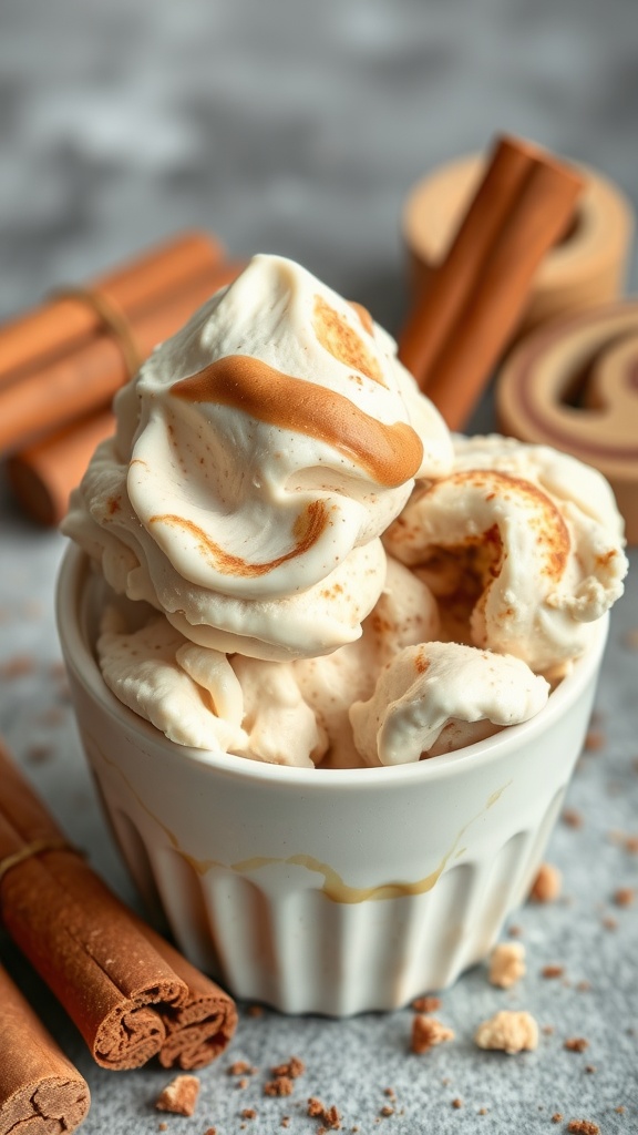 A bowl of creamy cinnamon roll keto ice cream with cinnamon sticks