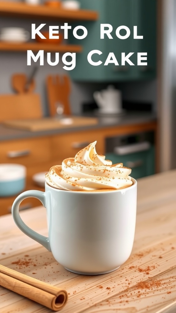 A delicious keto cinnamon roll mug cake topped with whipped cream and cinnamon, placed on a kitchen counter