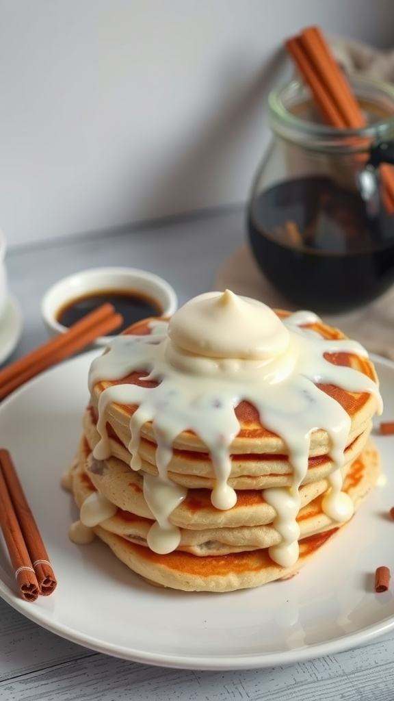 Stack of Cinnamon Roll Keto Pancakes with cream cheese icing and cinnamon sticks