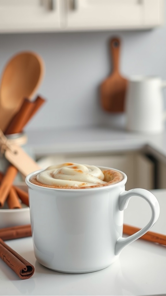 A delicious cinnamon roll mug cake topped with cream cheese frosting.
