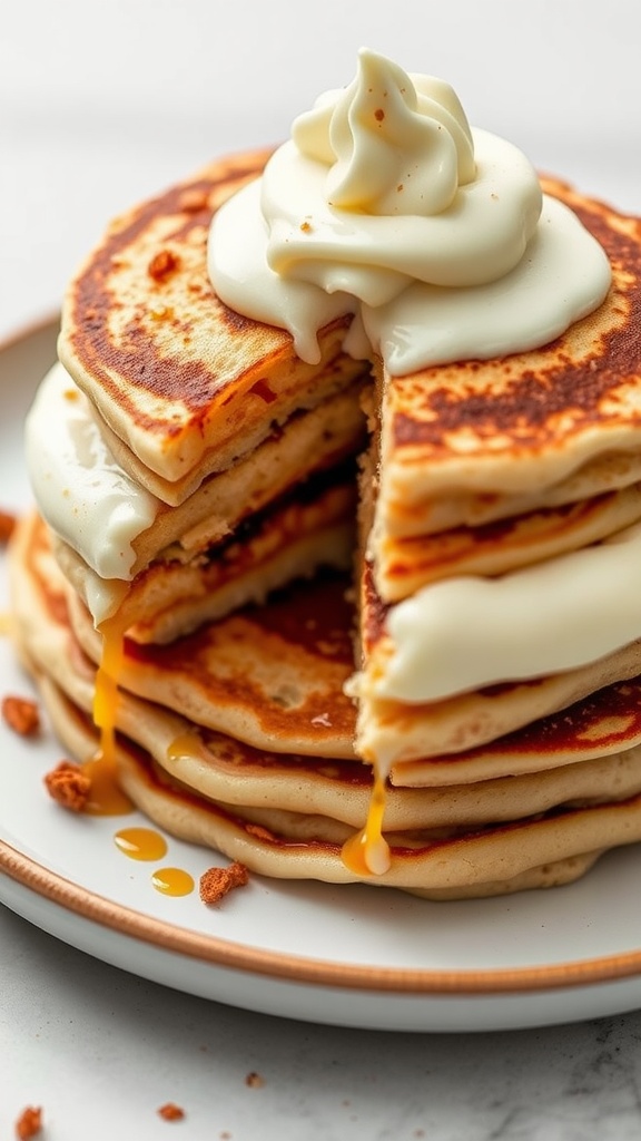 Delicious cinnamon roll pancakes drizzled with cream cheese icing