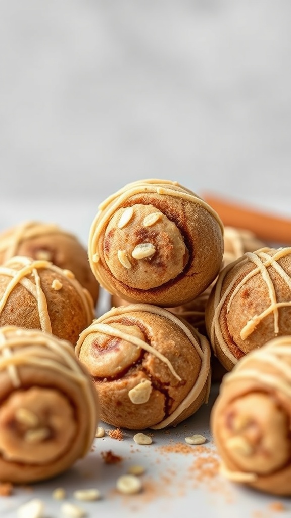 A close-up of cinnamon roll protein balls with a drizzle on top, showcasing their delicious and nutritious appearance.