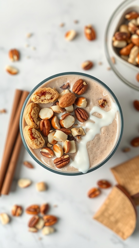 A delicious cinnamon roll smoothie bowl topped with nuts and a drizzle of cream.