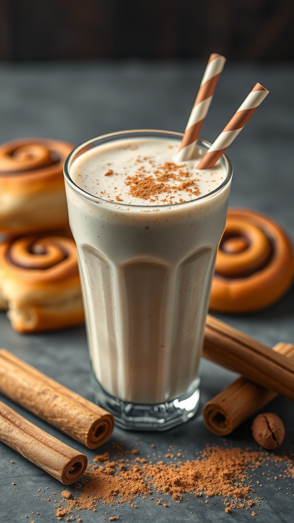 A cinnamon roll smoothie in a glass with two straws, surrounded by cinnamon sticks and cinnamon rolls.