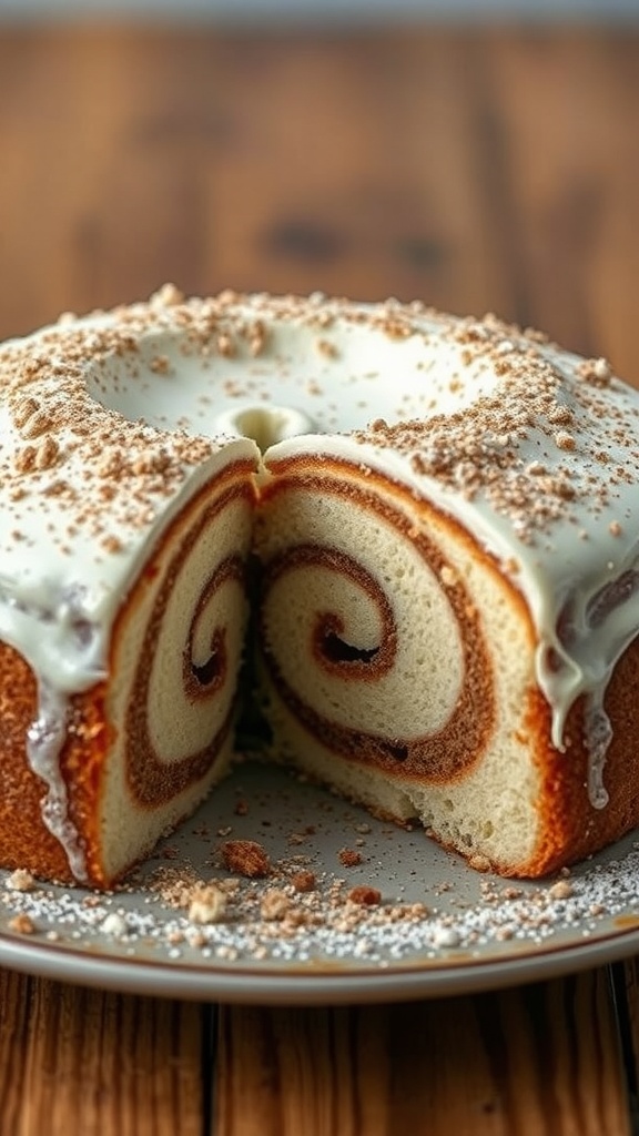 A delicious cinnamon roll swirl cake with a creamy frosting on top.