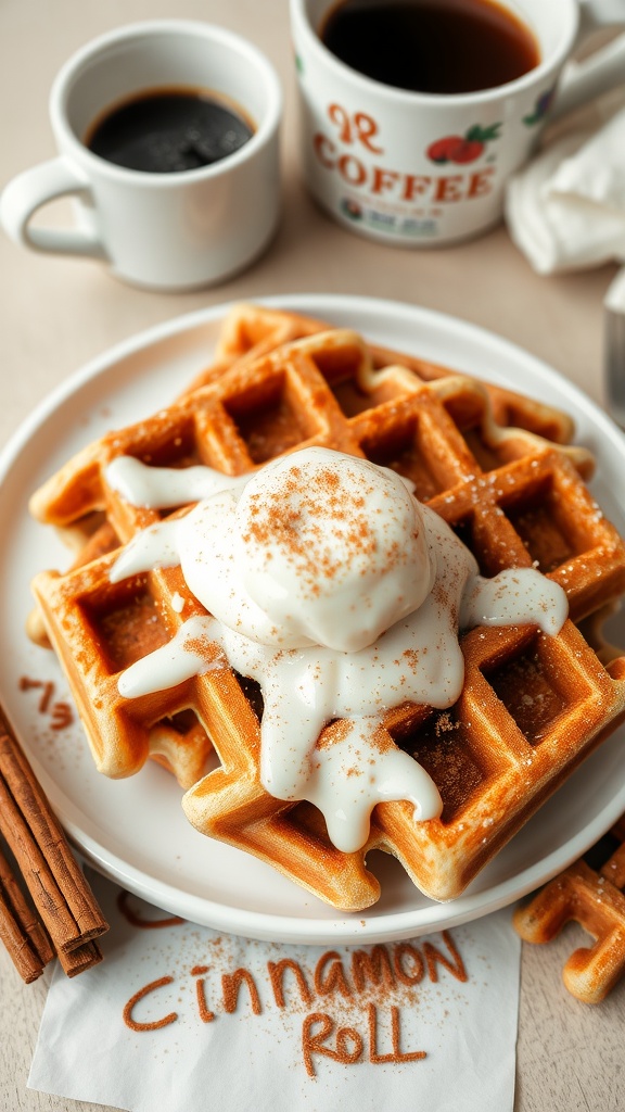 Delicious cinnamon roll waffles topped with cream cheese frosting.
