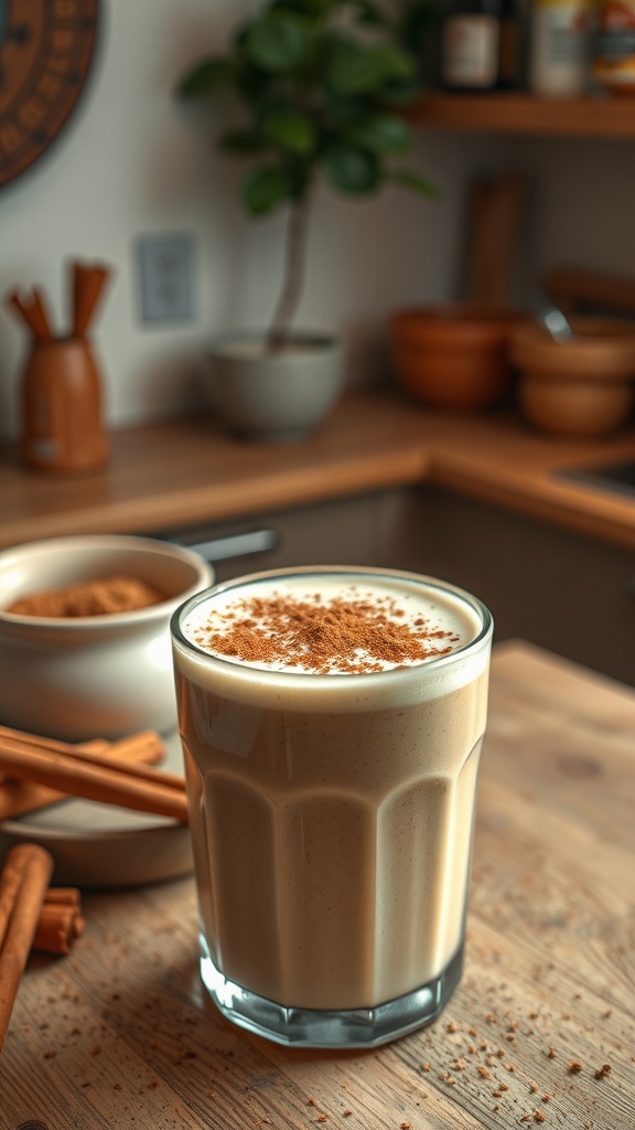 A glass of cinnamon spice smoothie on a wooden kitchen counter.