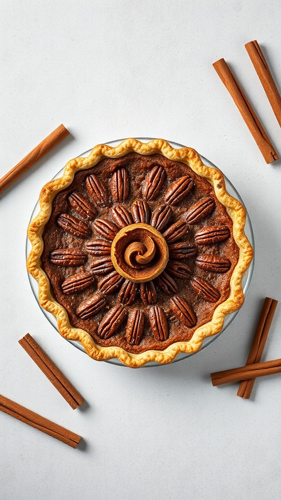 A delicious cinnamon swirl pecan pie with a decorative crust and pecan toppings.