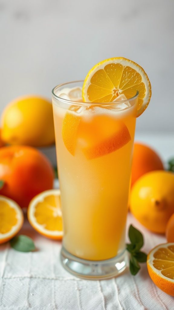 A refreshing citrus smoothie with orange and lemon slices.