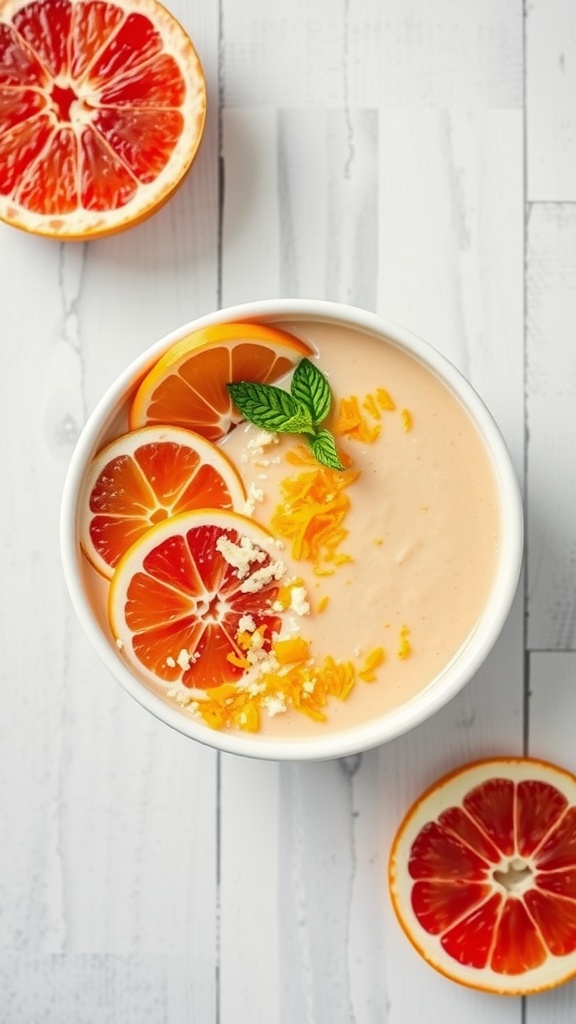 A smoothie bowl topped with citrus slices and mint leaves.