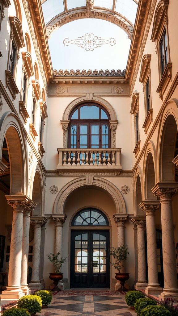 Interior courtyard of an Italian home with arches, columns, and a glass ceiling.