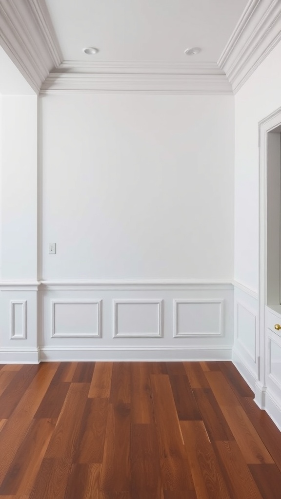 Interior view showcasing classic architectural details with crown molding and wood flooring.